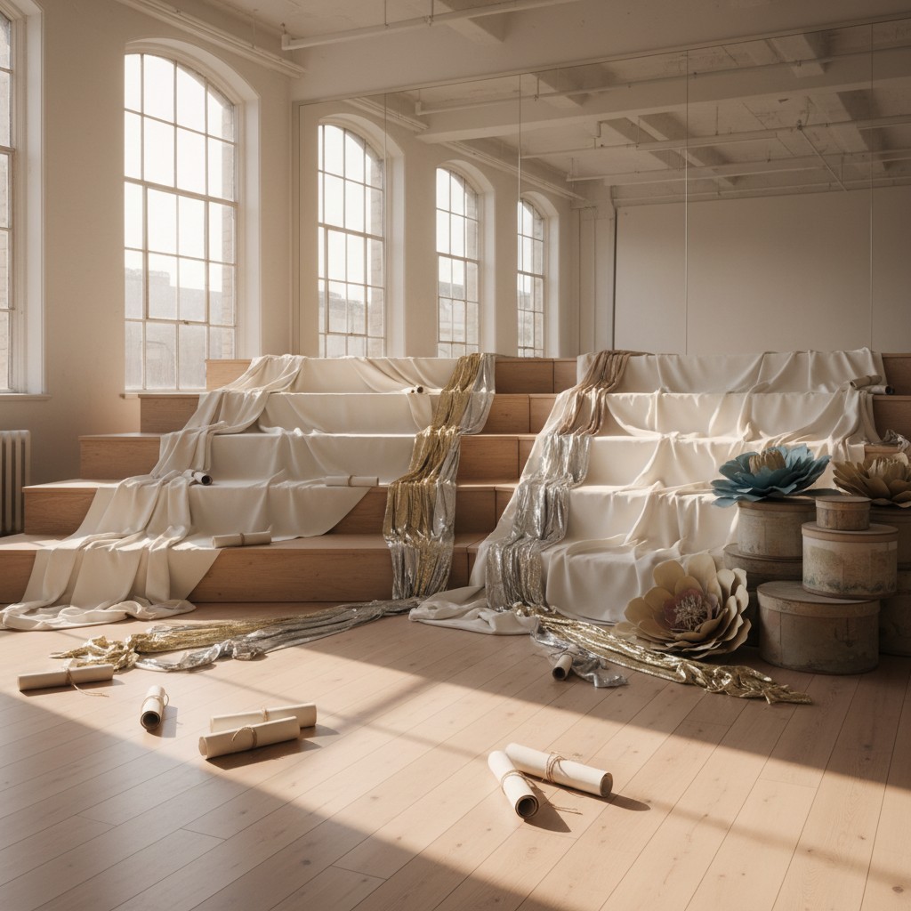 Una estancia naturalmente iluminada con muestras de arquitectura espacial y estructural, decoradas con residuos de la crea...